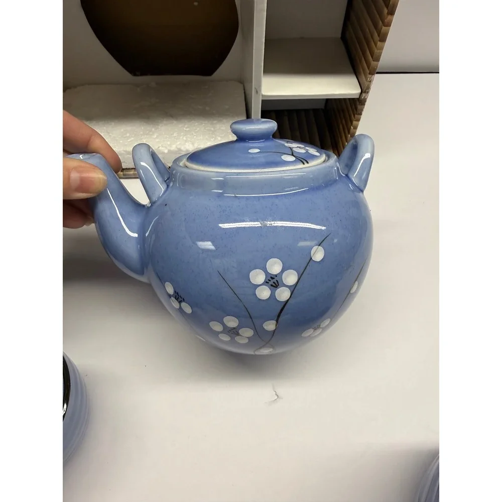 WCL Blue Ceramic Tea Set Cherry Blossom Teapot 4 Cups Large Bowl & Infuser Box